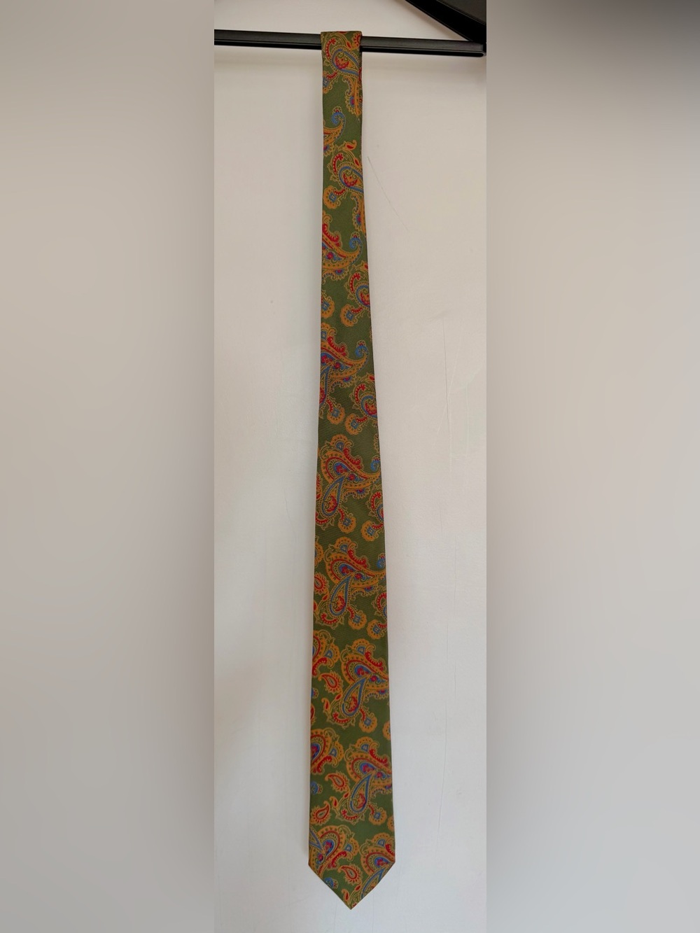 Etro Olive Paisley Silk Tie with Red and Blue Accents